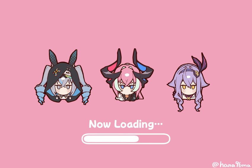 3girls, blue_eyes, blue_hair, blush_stickers, bronya_zaychik, bronya_zaychik_(haxxor_bunny), cropped_torso, delta_(honkai_impact)