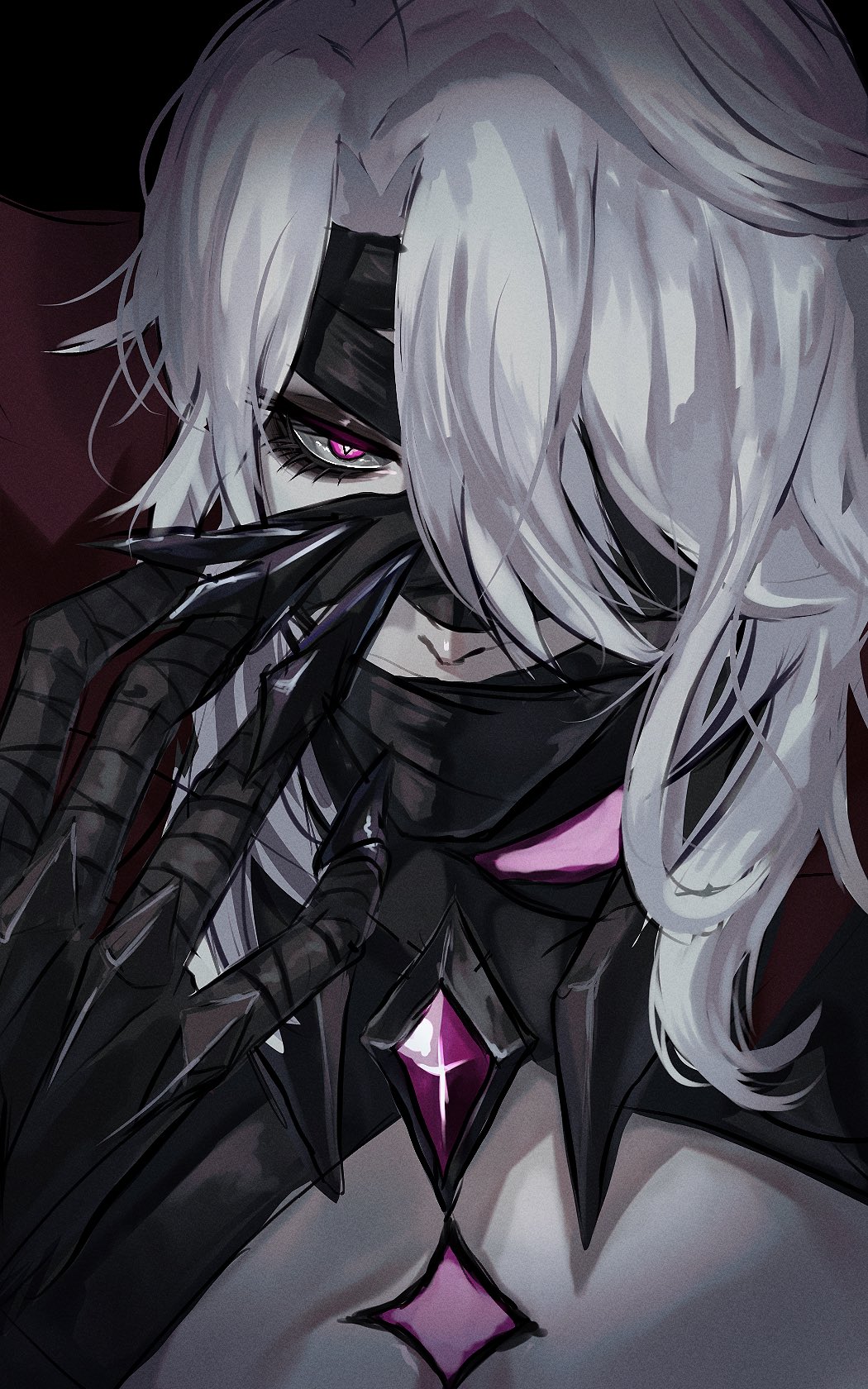 1boy, arm_up, asgx_7135, commentary_request, covered_mouth, eyelashes, fingernails, gem, genshin_impact, highres, looking_at_viewer, male_focus, medium_hair, one_eye_covered, parted_hair, pink_eyes, portrait, red_gemstone, rerir_(genshin_impact), sanpaku, sharp_fingernails, solo, white_hair