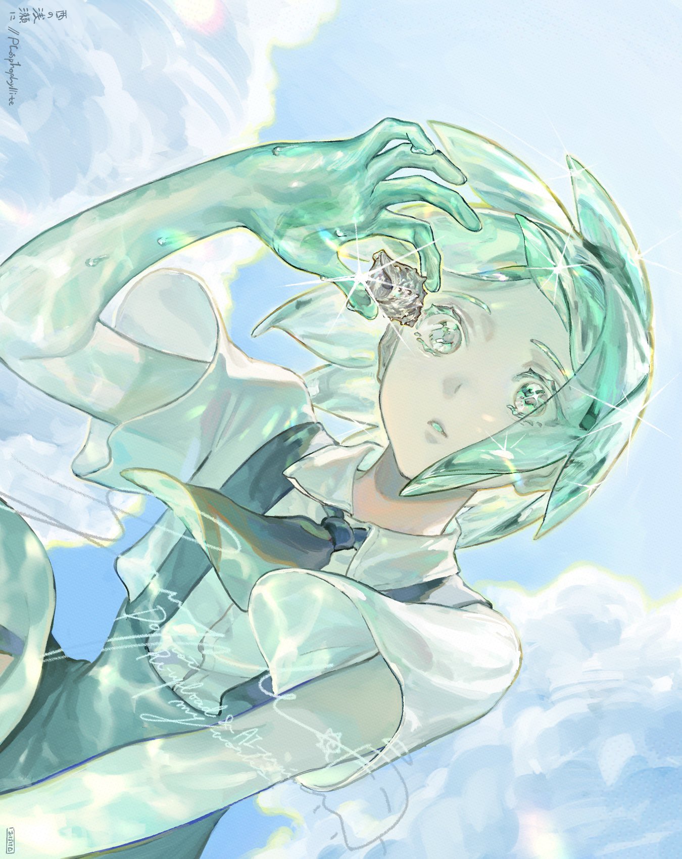 1other, androgynous, aqua_hair, blue_sky, clouds, collared_shirt, colored_eyelashes, crystal_hair, from_below, gem, ghost_to_human, highres, holding, holding_gem, houseki_no_kuni, necktie, other_focus, parted_lips, phosphophyllite, puffy_sleeves, shirt, short_hair, short_sleeves, shorts, signature, sky, solo, sparkle, white_shirt