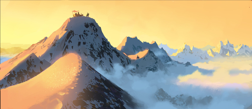 4others, above_clouds, animal, caravan, clouds, highres, horse, light_particles, mini_person, mountain, mountaintop, multiple_others, original, painterly, samuel_smith, scenery, snow, sunrise