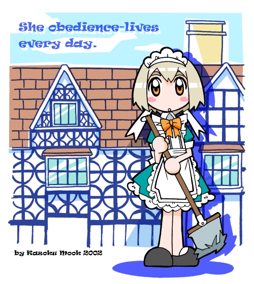 1girl, 2002, :o, akaboshi_mei, anime_coloring, apron, archived_source, back_bow, bad_source, black_shoes, blonde_hair, blue_dress, blue_sky, blush_stickers, bow, building, chimney, clouds, dated, dress, dress_shoes, drop_shadow, english_text, frilled_apron, frills, full_body, hair_between_eyes, hair_ribbon, headdress, holding, holding_mop, lace-trimmed_apron, lace-trimmed_headdress, lace-trimmed_petticoat, lace_trim, legs_together, looking_at_viewer, maid, maid_apron, maid_headdress, mansion, mop, mukku_(mook-tv), no_nose, orange_eyes, original, puffy_short_sleeves, puffy_sleeves, ribbon, rooftop, shoes, short_dress, short_hair, short_sleeves, sky, solo, straight_hair, thick_eyebrows, toon_(style), waist_bow, white_apron, white_headdress, white_ribbon, white_sleeve_cuffs, window, wing_collar