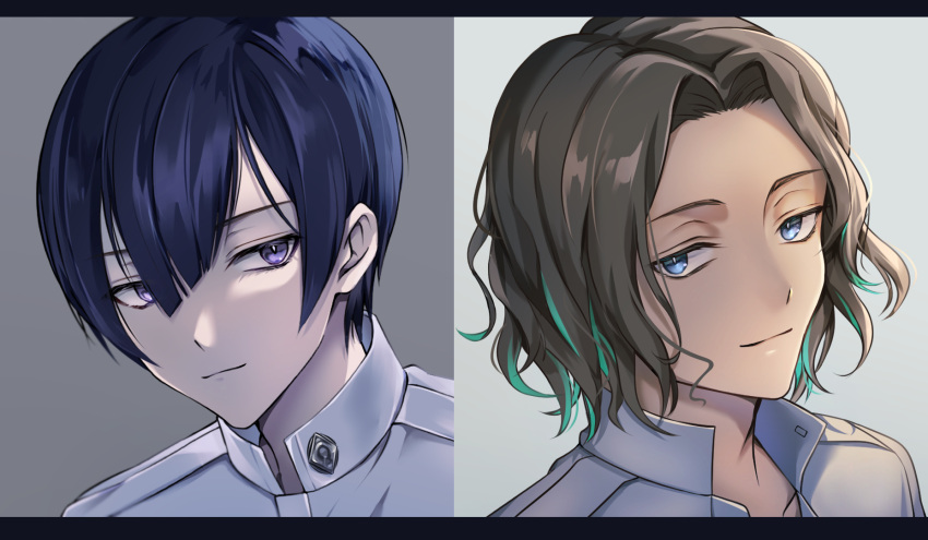 2boys, arai_shouji, blue_eyes, blue_hair, brown_hair, closed_mouth, collarbone, commentary_request