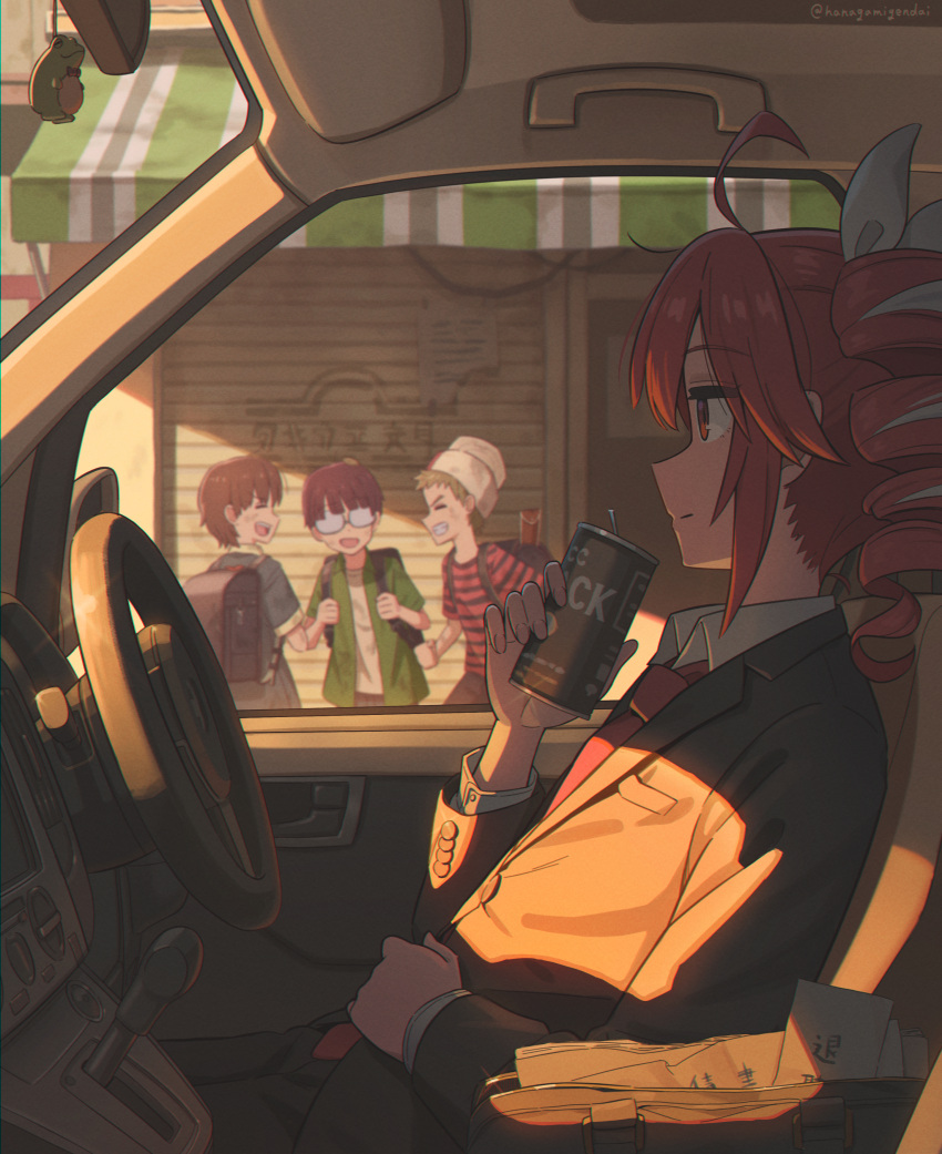 1girl, 3boys, absurdres, ahoge, bag, bilingual_commentary, bow, business_suit, can, car_interior, child, closed_mouth, collared_shirt, commentary_request, drill_hair, english_commentary, from_side, glint, hair_bow, hanagamigendai, highres, holding, holding_can, jacket, kasane_teto, kasane_teto_(sv), light_smile, long_sleeves, mixed-language_commentary, multiple_boys, necktie, paper, profile, red_eyes, red_hair, red_necktie, security_shutter, shirt, short_hair, sidelighting, steering_wheel, suit, suit_jacket, sunset, synthesizer_v, translation_request, twin_drills, twintails, utau, white_bow, white_shirt