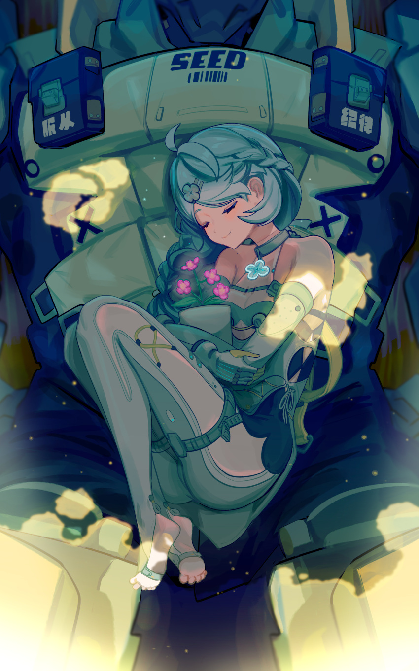 1girl, absurdres, ahoge, blue_hair, bonefire0909, braid, closed_eyes, elbow_gloves