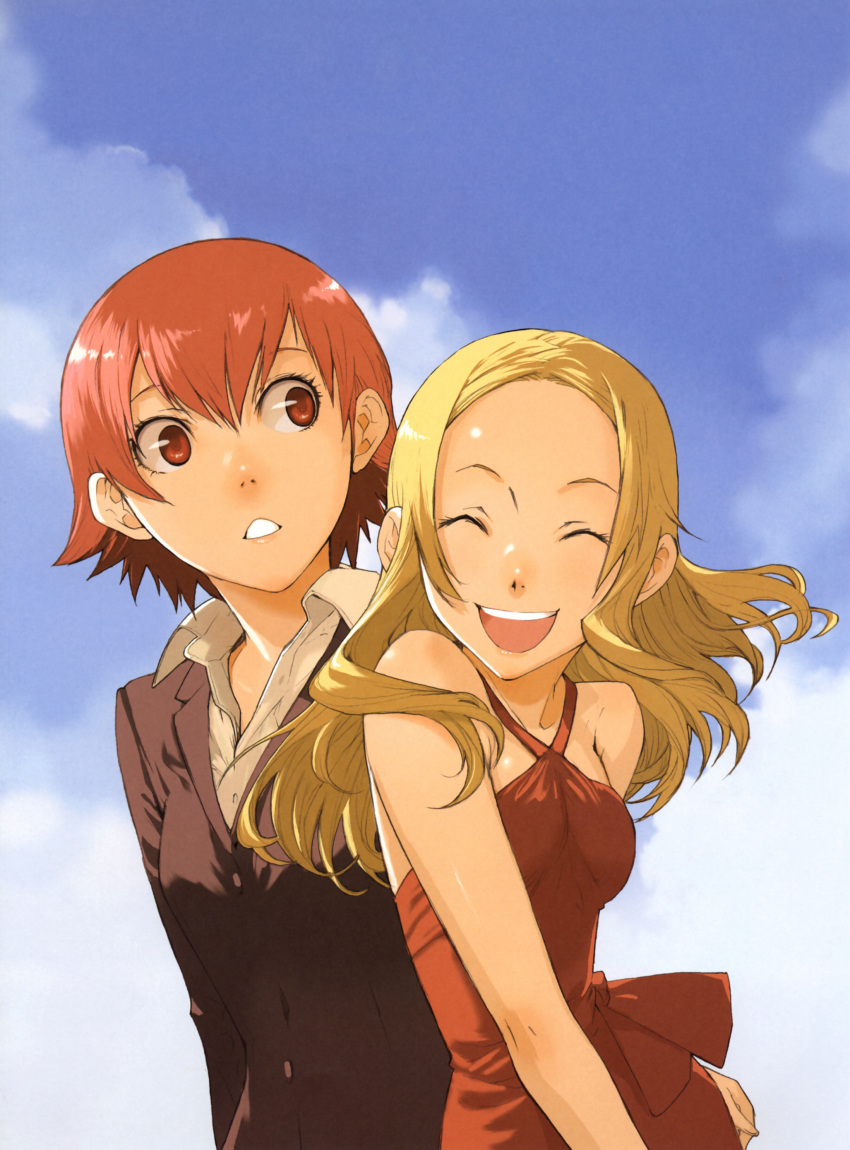2girls, absurdres, baccano!, bare_shoulders, blonde_hair, closed_eyes, dress, enami_katsumi