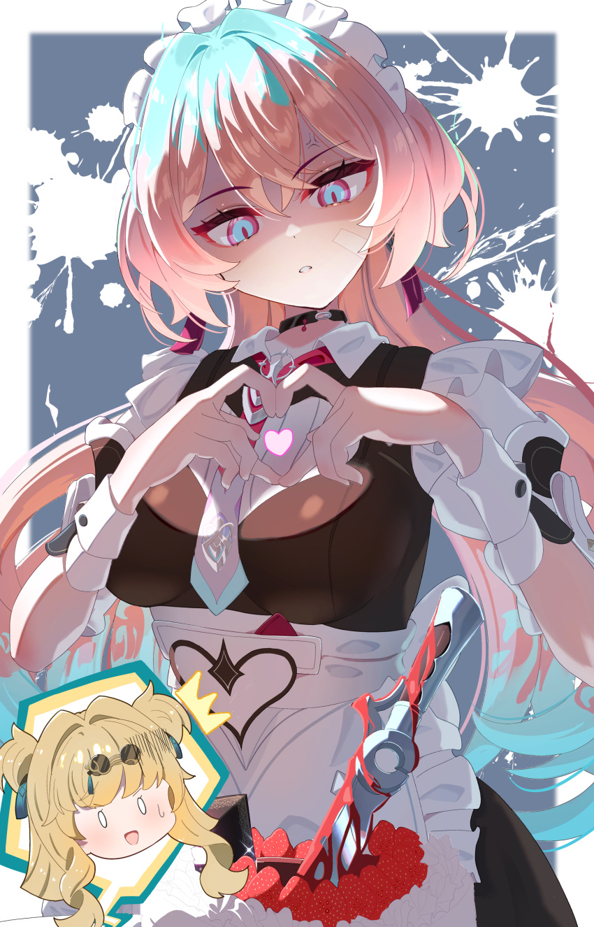 2girls, absurdres, alternate_costume, anger_vein, angry, apron, bandaid, bandaid_on_face