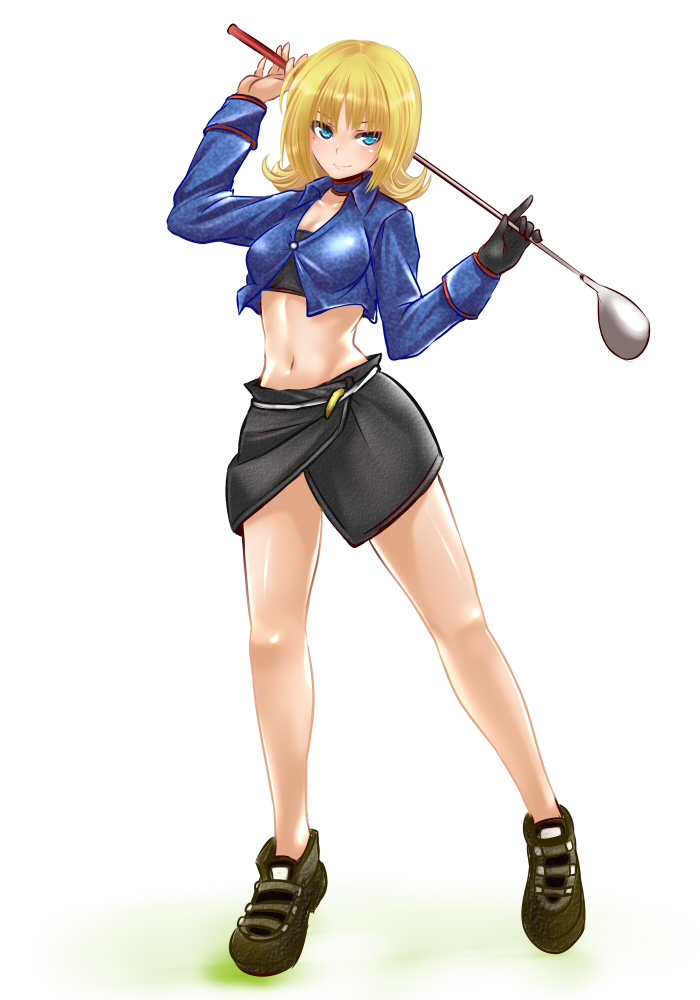 blonde_hair, blue_eyes, blush, crop_top, gloria_(minna_no_golf), golf_club, k2isu, midriff, miniskirt, minna_no_golf, navel, short_hair, single_glove, skirt, solo