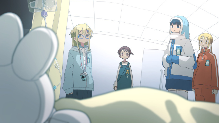 5girls, blonde_hair, blue_eyes, blue_hair, blurry, blurry_foreground, brown_eyes, brown_hair