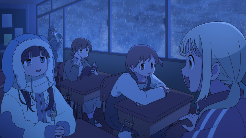 5girls, beanie, black_hair, blonde_hair, blue_eyes, book, brown_eyes, brown_hair