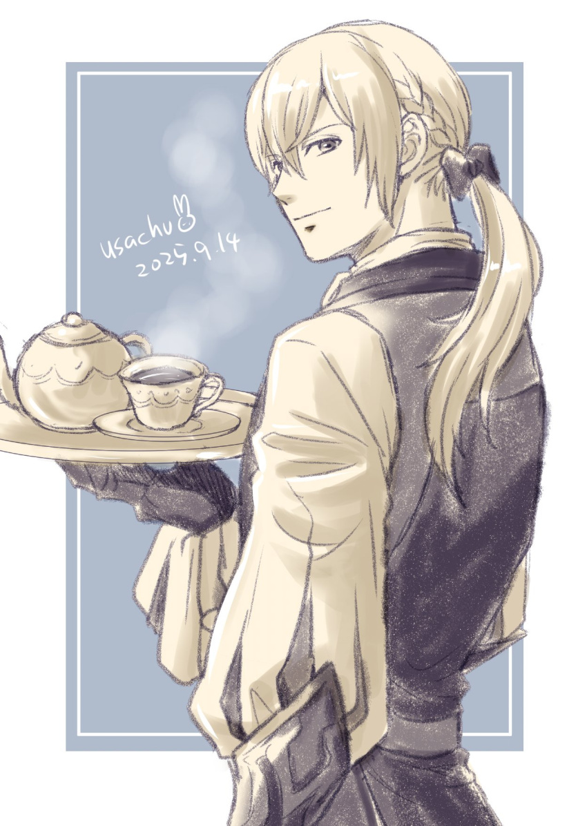 1boy, aristocratic_clothes, black_hairband, bow, butler, cup, dagger, fire_emblem