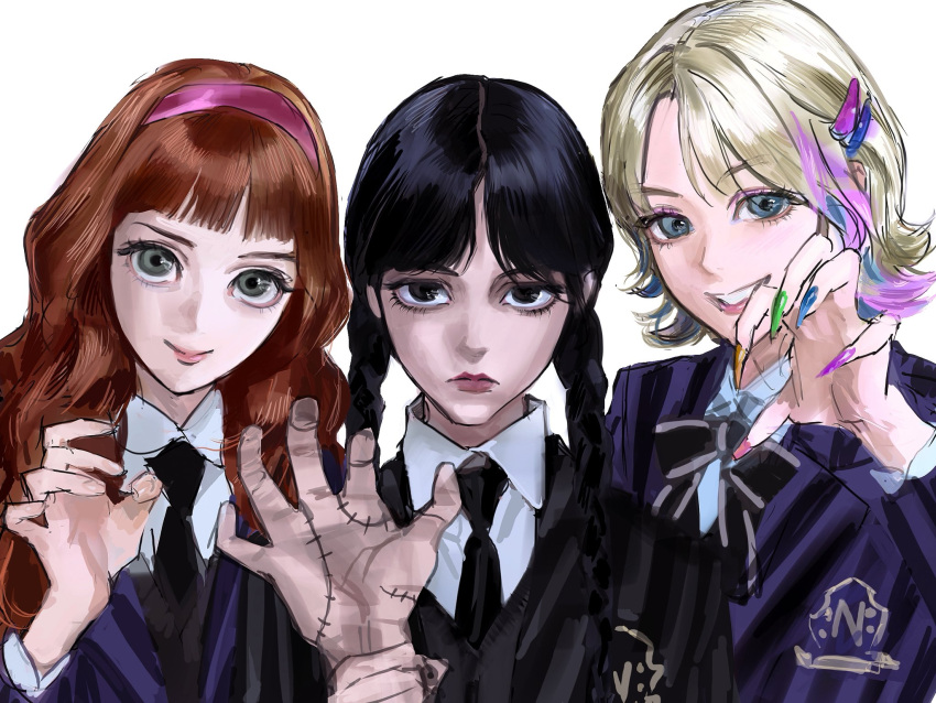 addams_family, agnes_demille, bingi, black_hair, black_necktie, blonde_hair, braid, claws