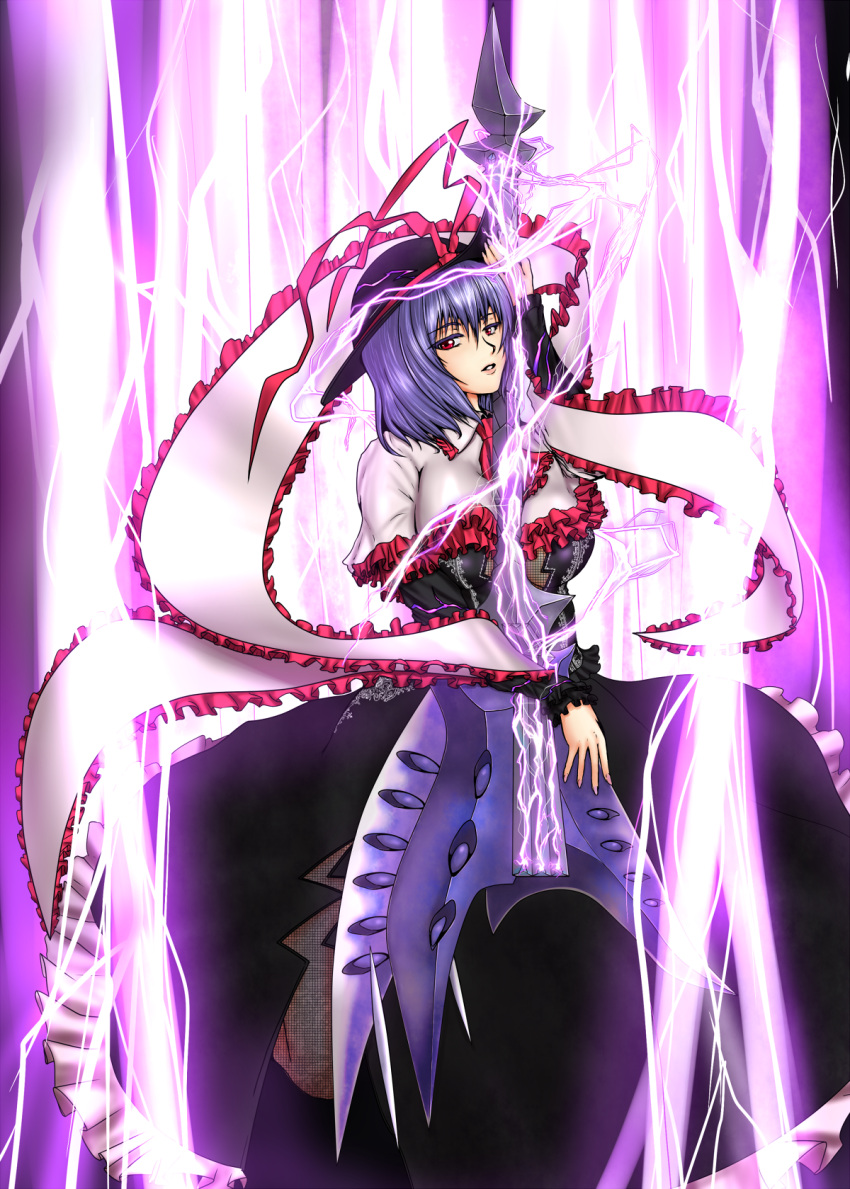blue_hair, capelet, colored_eyelashes, crossover, devil_may_cry, dress, electricity, eyelashes, frills, guitar, hat, hat_ribbon, highres, instrument, lightning, nagae_iku, nelo, nevan_(weapon), red_eyes, ribbon, scarf, short_hair, side_slit, solo, touhou