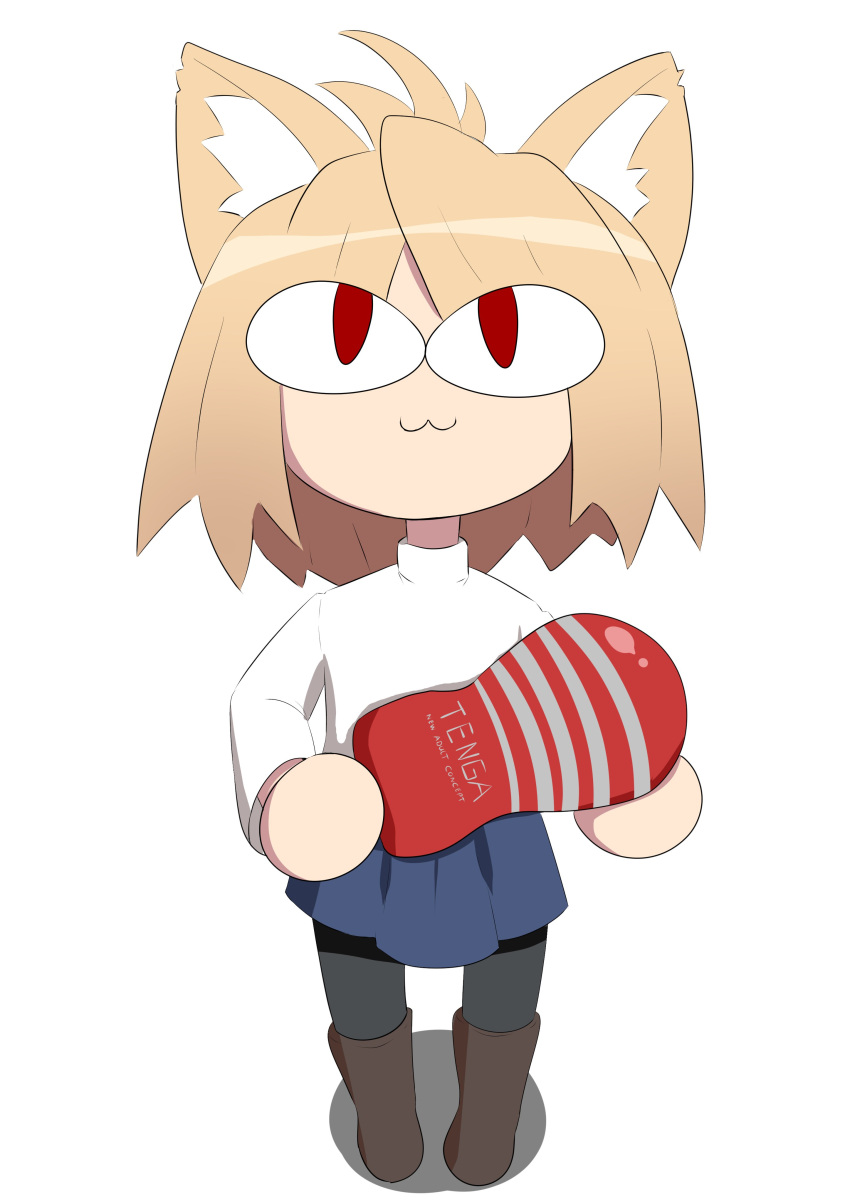1girl, :3, absurdres, animal_ears, artificial_vagina, blonde_hair, blue_skirt, boots
