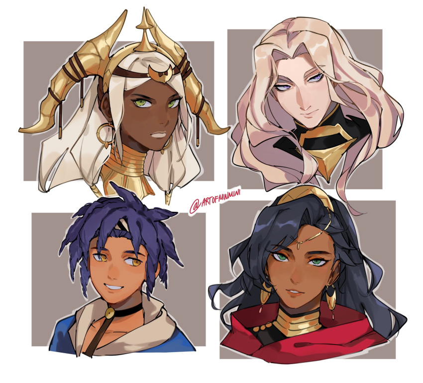 2boys, 2girls, blonde_hair, blue_eyes, blue_hair, blue_hoodie, cai_(fire_emblem), dark-skinned_female