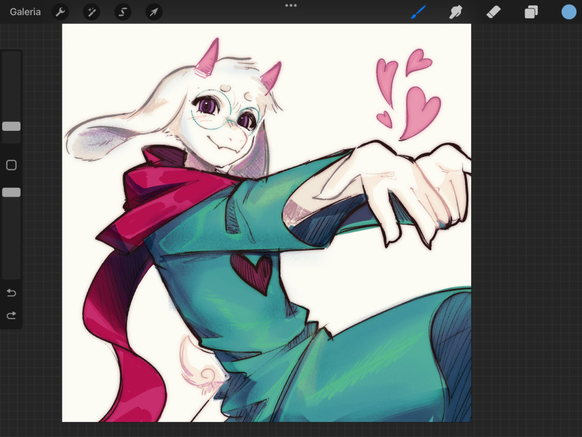 1boy, animal_ears, art_program_in_frame, commentary, deltarune, english_commentary, fangs, furry, furry_male, glasses, goat_boy, goat_ears, goat_horns, green-framed_eyewear, green_robe, heart, highres, horns, kannonkaza, male_focus, pink_horns, pink_scarf, ralsei, robe, round_eyewear, scarf, solo, utdr_(toby_fox), violet_eyes, white_fur