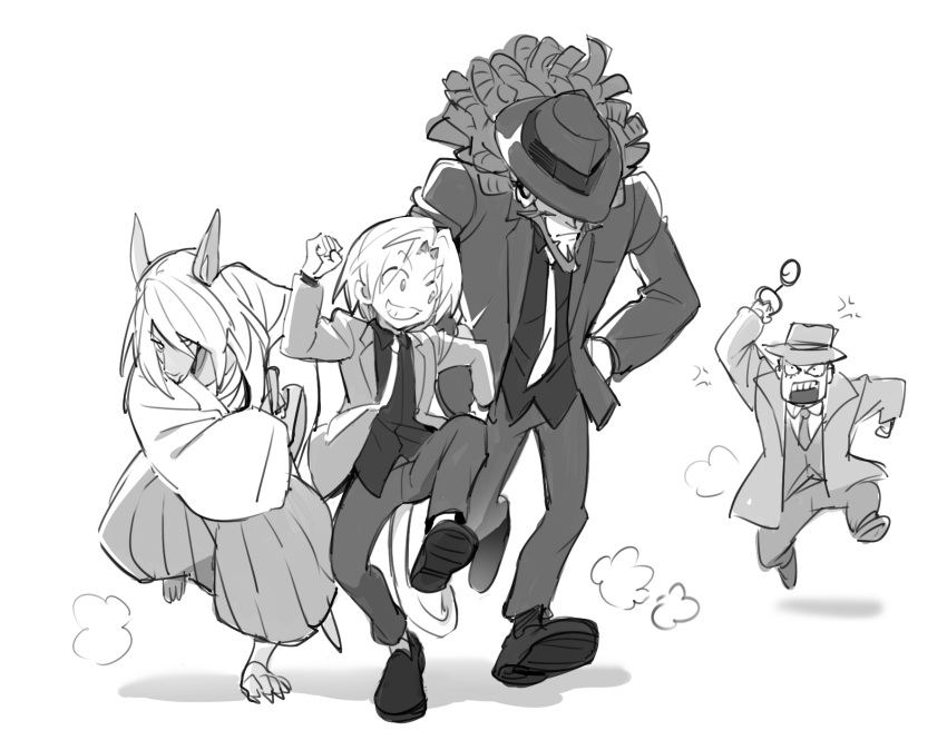 1girl, 3boys, adelbert_steiner, amarant_coral, animal_ears, beard, black_shirt, black_shoes
