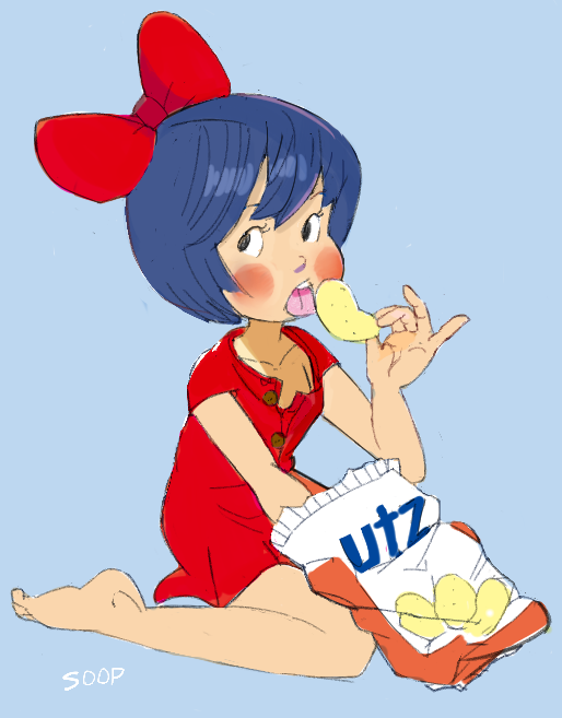 1girl, aqua_background, artist_name, bag, bare_legs, barefoot, black_eyes, black_hair