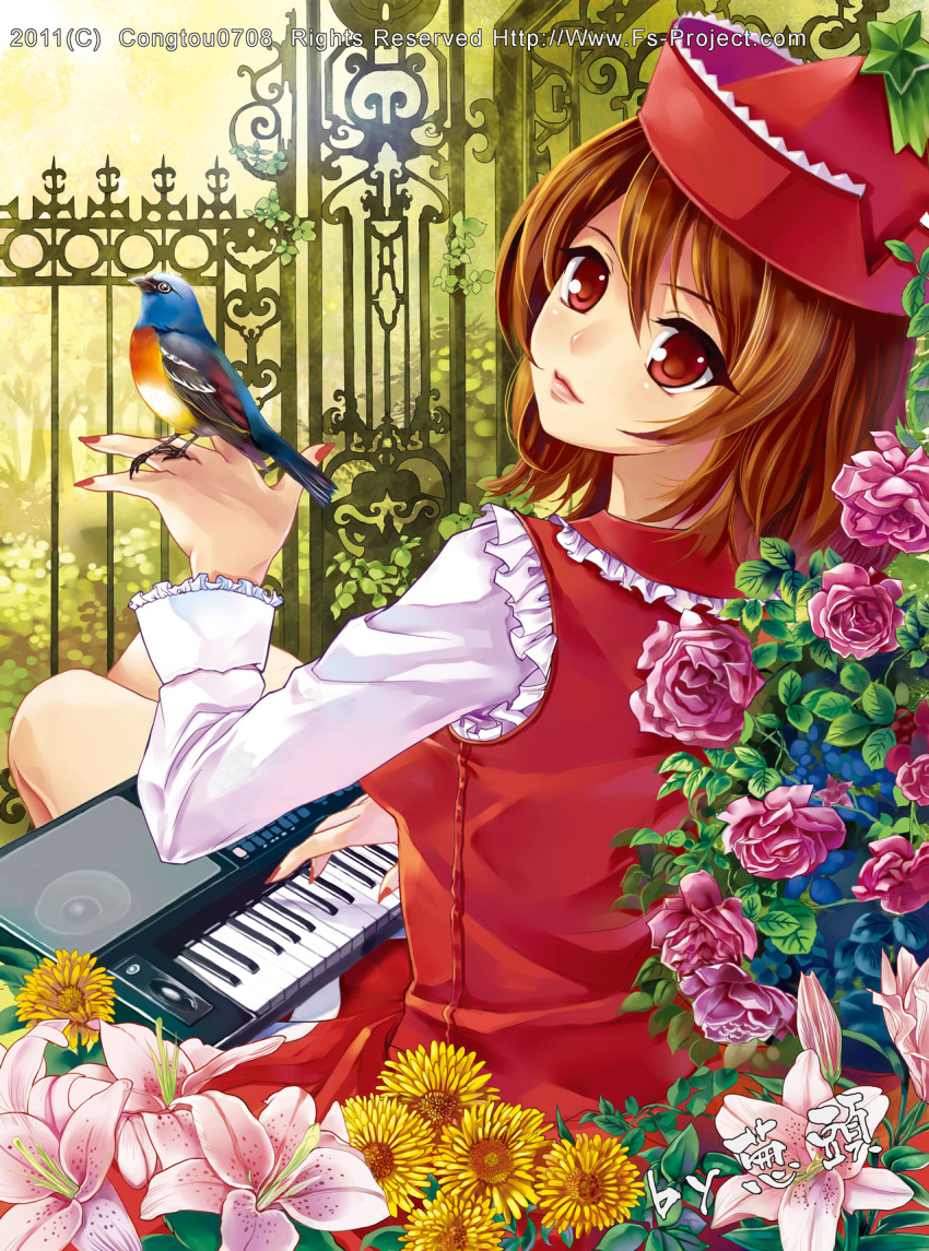 bad_id, bird, bird_on_hand, brown_eyes, brown_hair, fence, flower, fs-project
