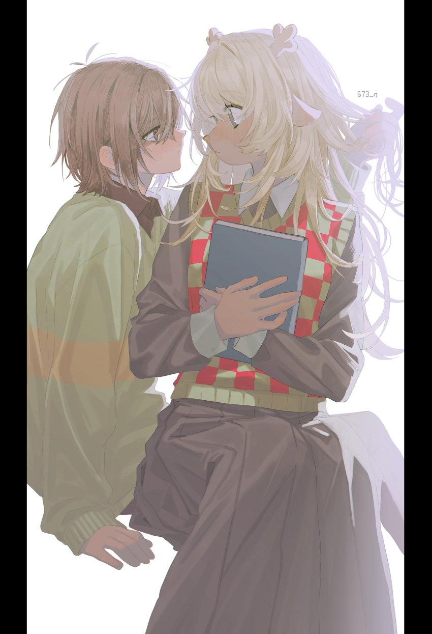 1girl, 1other, 673_q, absurdres, animal_ears, antlers, artist_name, black_eyes, black_shirt, black_skirt, blonde_hair, book, brown_hair, checkered_sweater_vest, collared_shirt, commentary, deer_antlers, deer_ears, deer_girl, deltarune, eye_contact, furry, furry_female, green_sweater, hand_in_another's_hair, hashtag-only_commentary, highres, holding, holding_book, horns, kris_(deltarune), long_hair, long_skirt, looking_at_another, noelle_holiday, pillarboxed, red_eyes, shirt, short_hair, single_horizontal_stripe, skirt, striped_clothes, striped_sweater, sweater, utdr_(toby_fox)