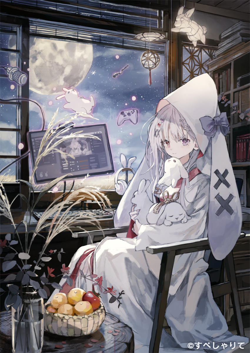 1girl, animal, animal_ear_headphones, animal_ears, book, bookshelf, chair, chinen_seira
