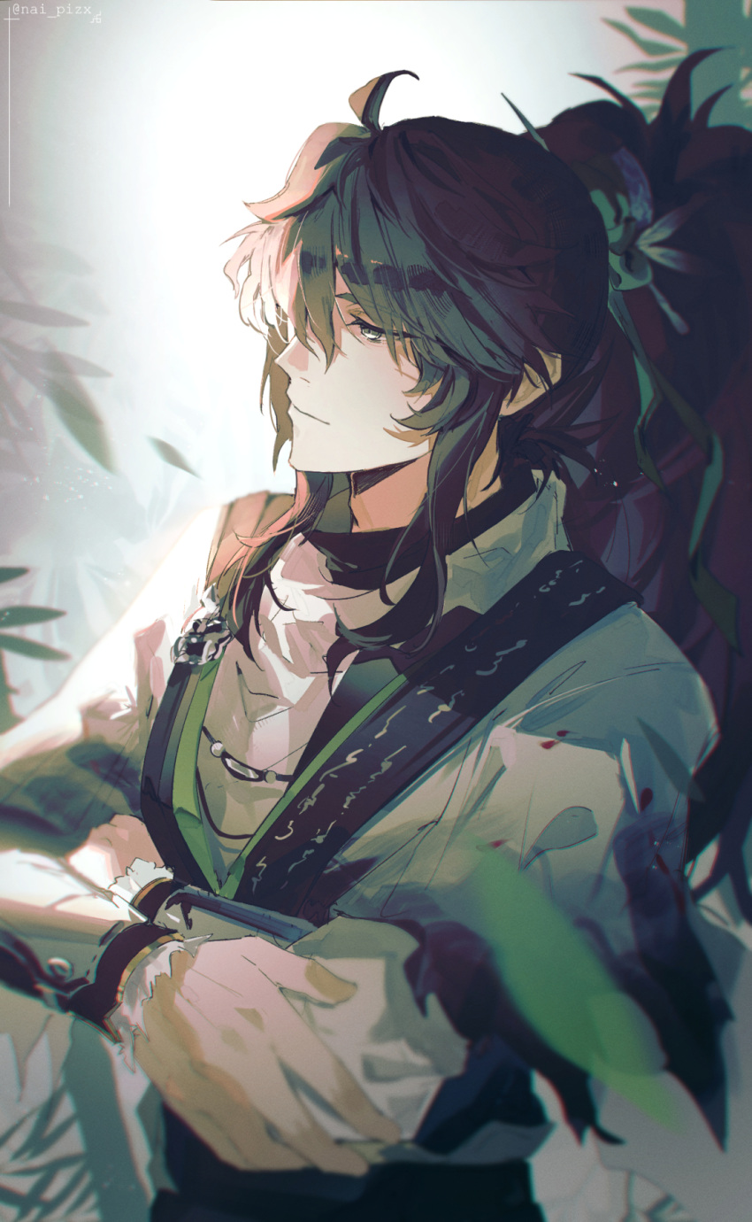 1boy, black_hair, chinese_clothes, closed_mouth, commentary_request, green_ribbon, hair_ornament, hair_stick