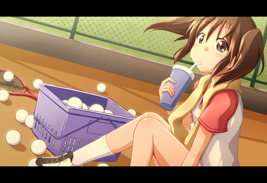 ball, brown_eyes, brown_hair, drink, drinking, highres, racket, sawanatsu_kotone