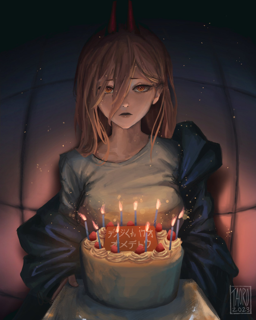 1girl, birthday_cake, blonde_hair, blue_jacket, cake, candle, chainsaw_man, cross-shaped_pupils