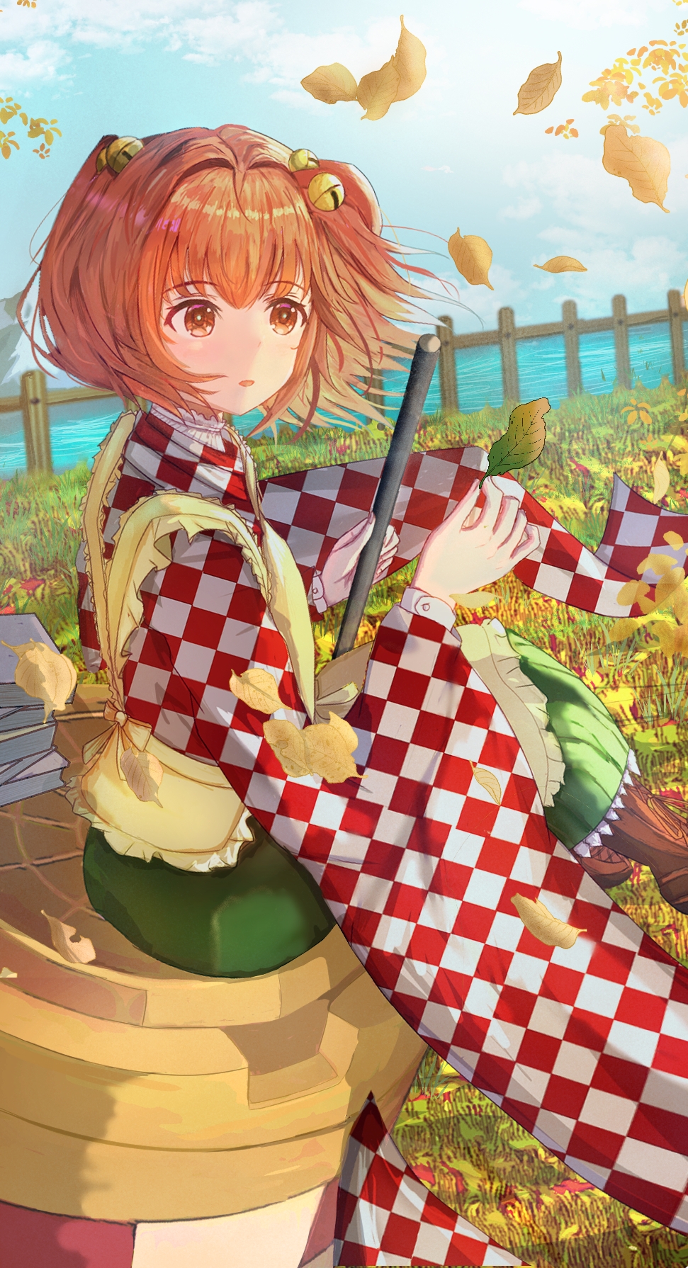 1girl, aijaing333, apron, autumn, bell, blue_sky, boots, brown_boots, checkered_clothes, checkered_kimono, clouds, falling_leaves, fence, grass, green_skirt, hair_bell, hair_ornament, highres, holding, holding_leaf, holding_stick, japanese_clothes, jingle_bell, kimono, leaf, long_skirt, motoori_kosuzu, open_mouth, orange_eyes, orange_hair, red_kimono, short_twintails, skirt, sky, stick, touhou, traffic_barrel, twintails, white_kimono, wooden_fence, yellow_apron
