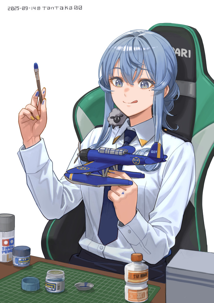 1girl, aircraft, airplane, black_skirt, blue_hair, breasts, chair, dated
