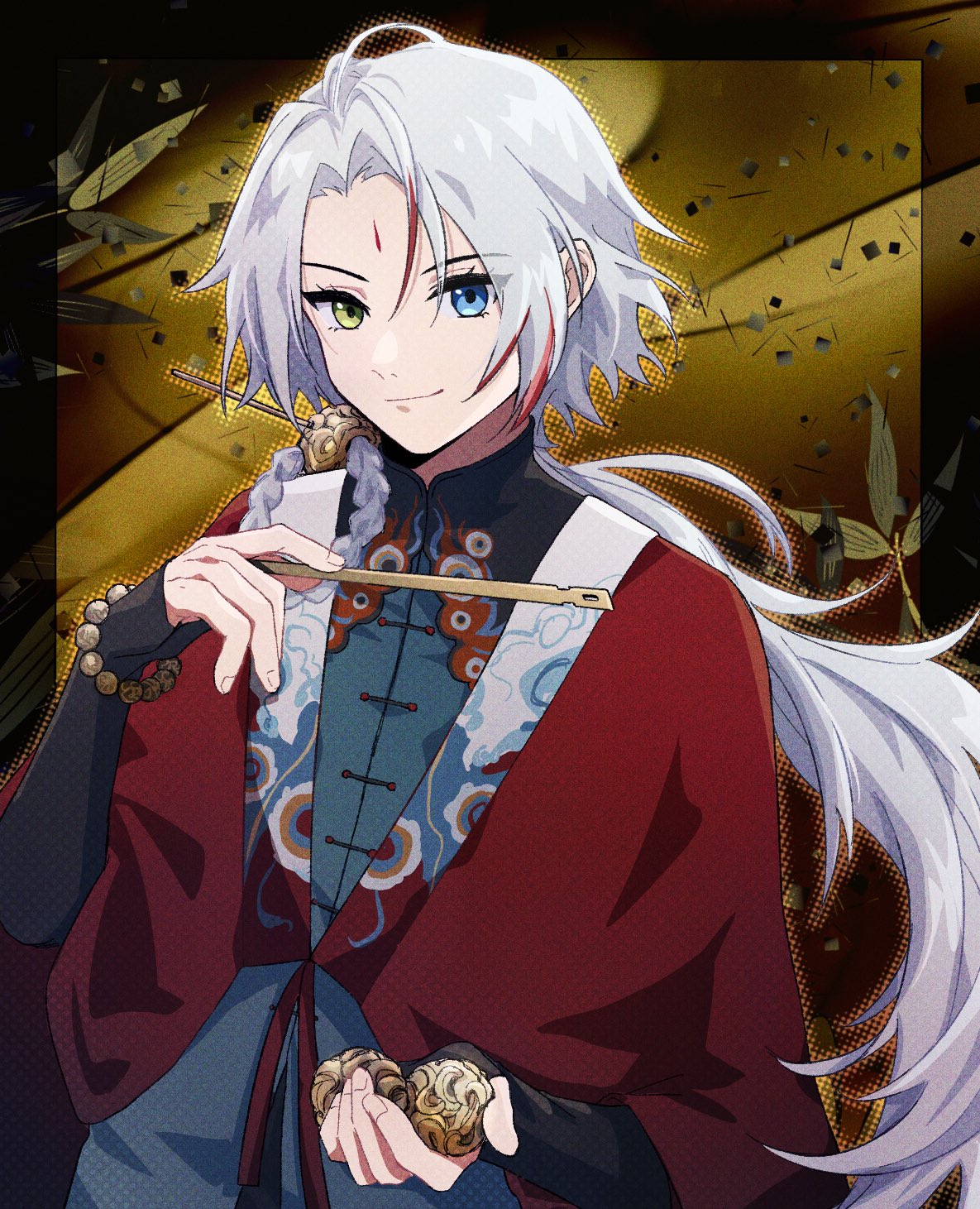 1boy, ball, bead_bracelet, beads, blue_eyes, blue_shirt, bracelet, cloak