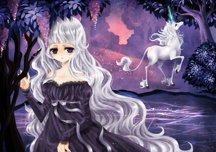 alexa_pasztor, bangs, bare_shoulders, blunt_bangs, dress, dual_persona, flower, juliet_sleeves, lady_amalthea, lexi, lexi_nyanko, long_hair, long_sleeves, night, personification, puffy_sleeves, purple, purple_dress, purple_eyes, river, silver_hair, strapless_dress, the_last_unicorn, the_unicorn_(the_last_unicorn), tree, unicorn, very_long_hair, violet_eyes, water, white_hair