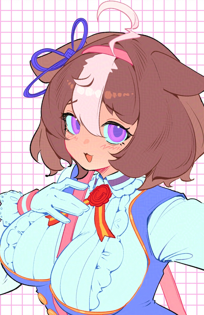 1girl, :3, ahoge, animal_ears, bea_lenoir, blue_ribbon, breasts, brown_hair, gloves, grid_background, hand_on_own_chest, horse_ears, horse_girl, large_breasts, medium_hair, meisho_doto_(umamusume), ribbon, solo, umamusume, violet_eyes, white_gloves