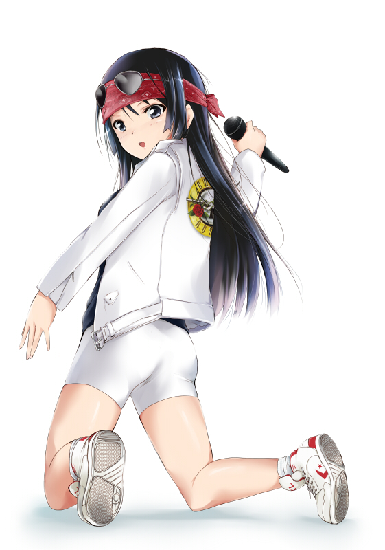 1girl, akiyama_mio, ass, axl_rose, axl_rose_(cosplay), bandana, bike_shorts, cosplay, guns_'n'_roses, jacket, k-on!, kaiga, kneeling, looking_back, microphone, shoes, sneakers, solo, sunglasses, sunglasses_on_head, white, white_background, white_bike_shorts