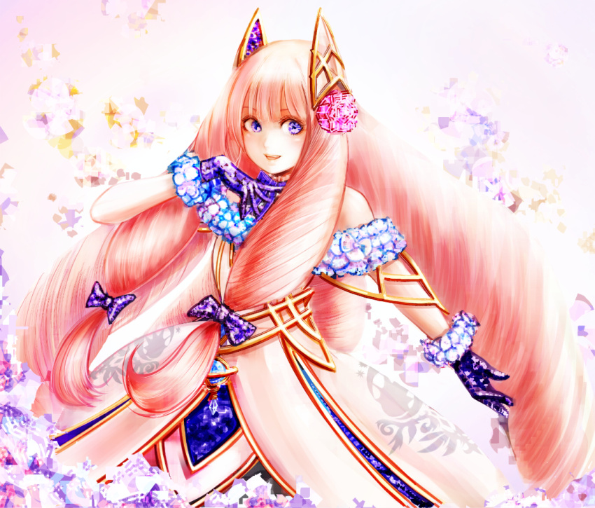 1girl, arm_up, aurora_(pso2), bare_shoulders, bow, dress, gloves, hair_bow