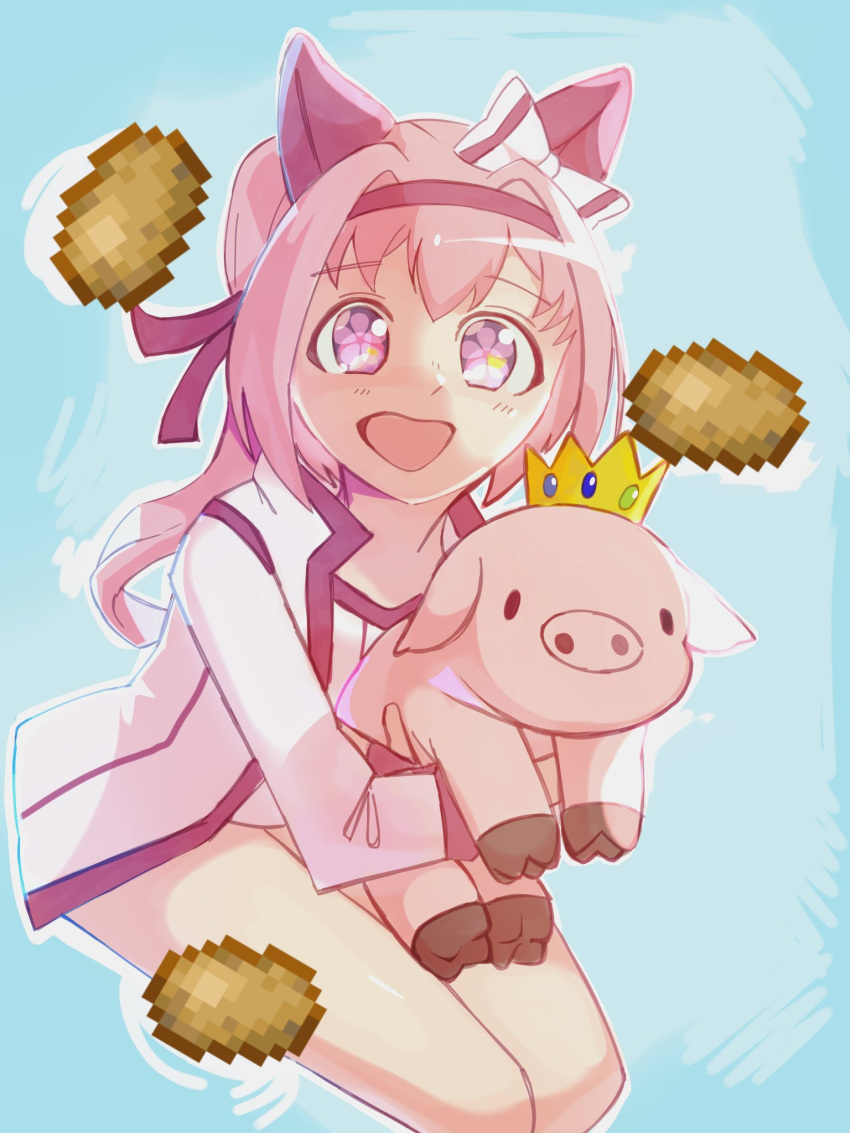 1girl, 1other, :d, animal, animal_ears, bare_legs, blue_background, commentary