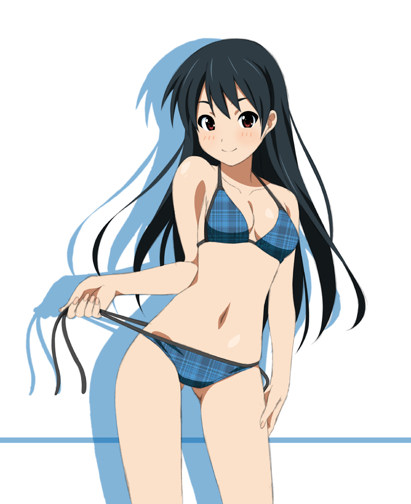akane_(fukuoka_katsumi), bikini, black_hair, blue_bikini, blush, breasts, brown_eyes, cleavage, fukuoka_katsumi, long_hair, looking_at_viewer, original, red_eyes, side-tie_bikini, simple_background, smile, solo, swimsuit, tartan_bikini, untied, untied_bikini