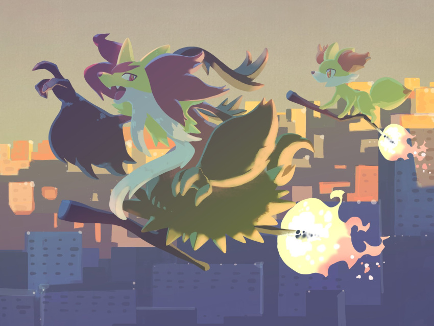 animal_ear_fluff, animal_ears, black_fur, broom, broom_riding, building, delphox, fangs