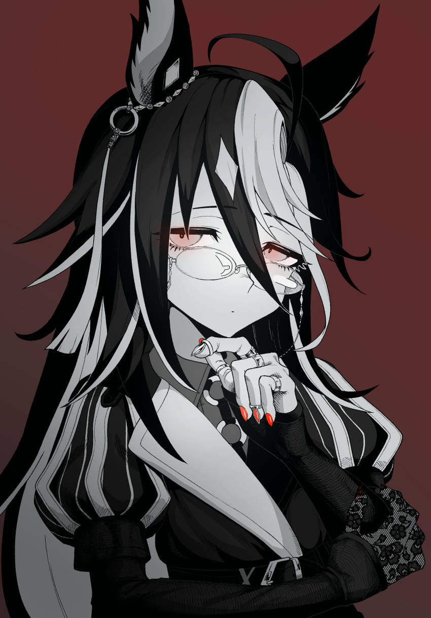 1girl, a4_(a4_eishi), absurdres, ahoge, animal_ear_fluff, animal_ears, closed_mouth, coat, collared_shirt, colored_inner_animal_ears, dot_mouth, dream_journey_(umamusume), ear_ornament, expressionless, eyewear_strap, glass, gloves, hair_between_eyes, hand_up, highres, horse_ears, horse_girl, jewelry, lace, lace_gloves, long_sleeves, looking_at_viewer, multiple_rings, puffy_sleeves, red_background, red_nails, ring, shirt, solo, spot_color, umamusume