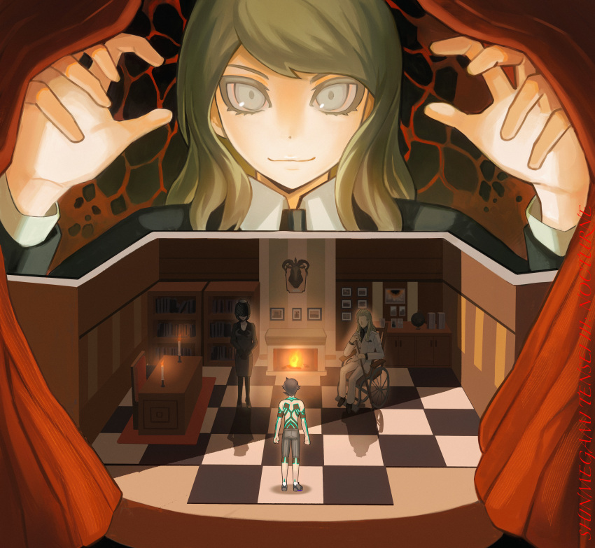 1girl, 3boys, absurdres, black_hair, blonde_hair, blue_eyes, candle, candlelight, cane, checkered_floor, chiro_(12293211), copyright_name, curtains, demi-fiend, diorama, dress, fire, fireplace, formal_clothes, full-body_tattoo, funeral_dress, funeral_veil, giant, giant_male, hands_up, highres, lady_in_black, long_hair, looking_at_viewer, lucifer_(megami_tensei), mini_person, multiple_boys, red_background, shin_megami_tensei, shin_megami_tensei_iii:_nocturne, short_hair, smile, suit, tattoo, topless_male, veil, wheelchair