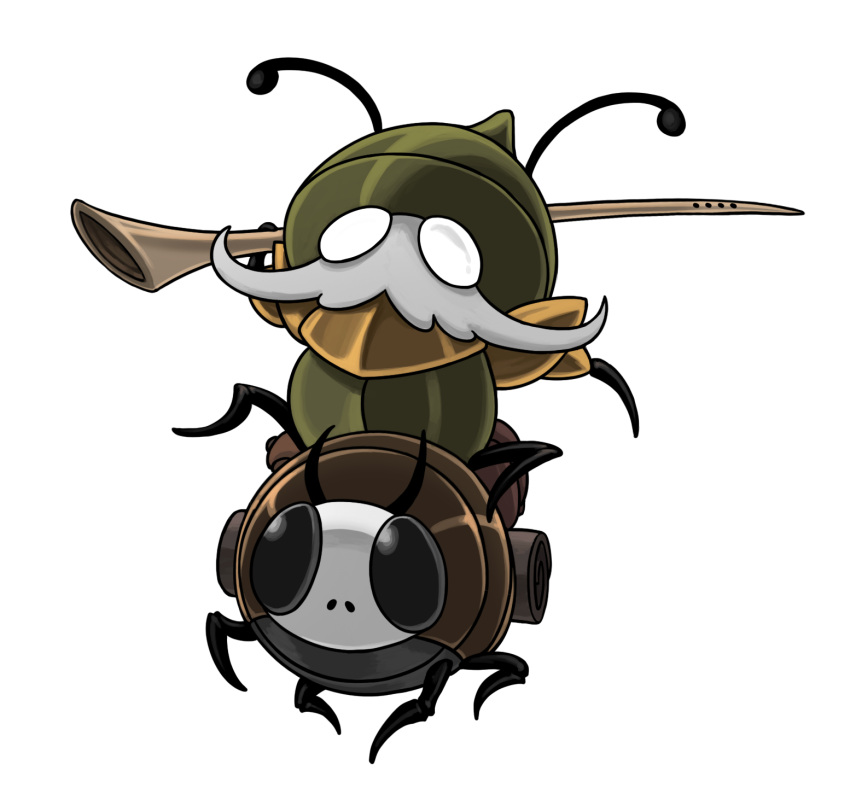 1boy, 1other, antennae, ari_gibson, armor, black_skin, blank_eyes, bug, colored_skin, facial_hair, garmond_(hollow_knight), green_helmet, helmet, highres, holding, holding_instrument, holding_weapon, hollow_knight, hollow_knight:_silksong, instrument, long_mustache, mustache, no_mouth, official_art, over_shoulder, riding, transparent_background, weapon, weapon_over_shoulder, white_facial_hair, zaza_(hollow_knight)