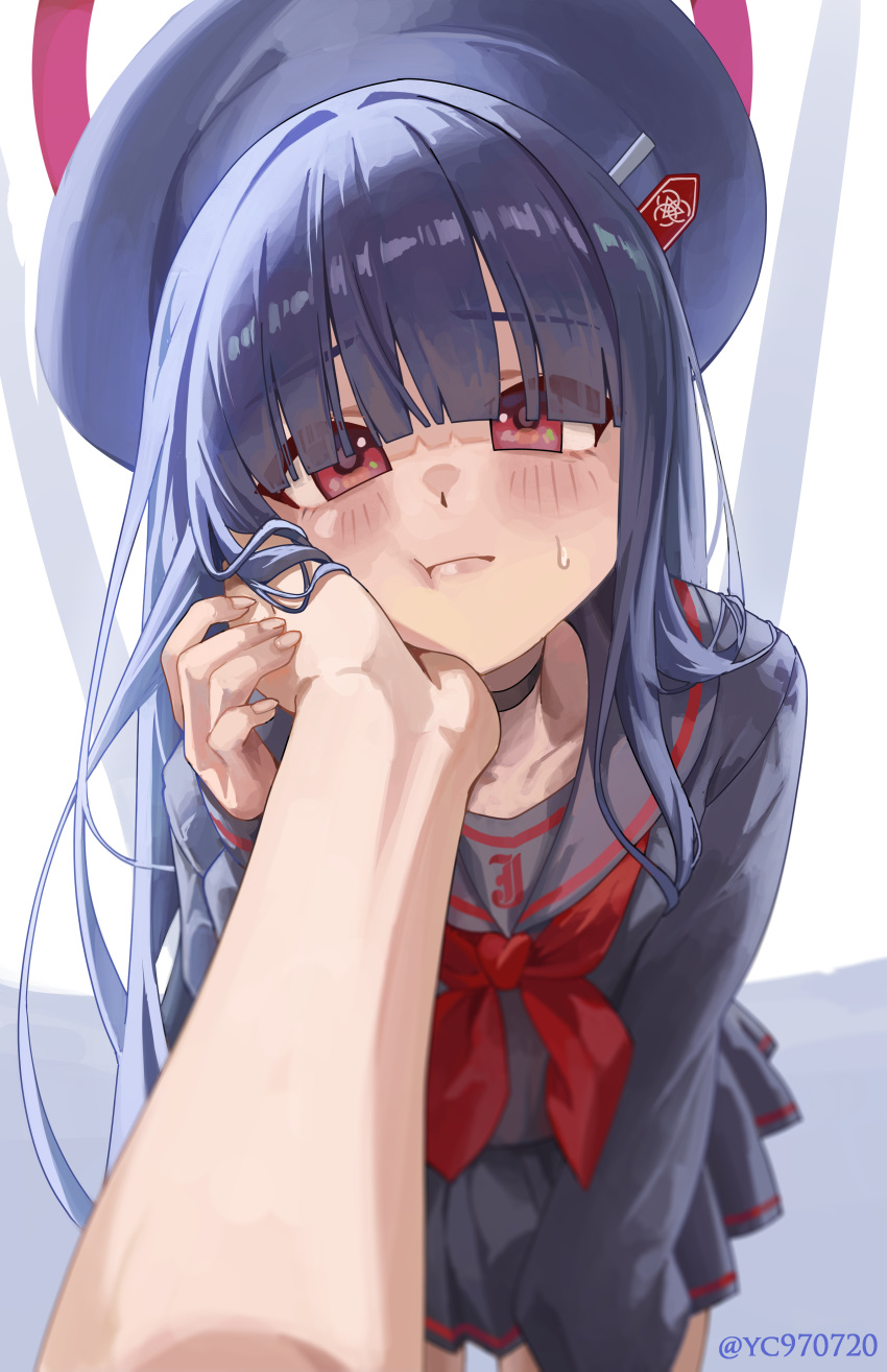 1girl, absurdres, black_hair, black_shirt, black_skirt, blue_archive, blush, bow
