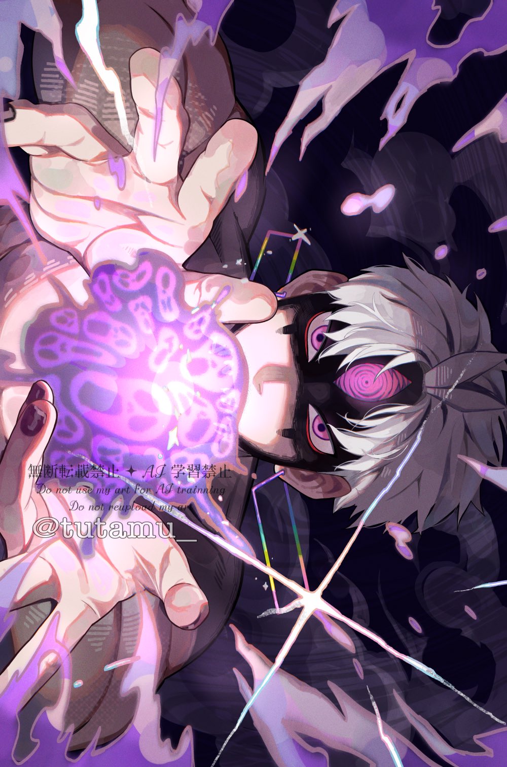 1boy, black_nails, commentary_request, dandadan, earrings, enjoji_jin, evil_eye_(dandadan), glint