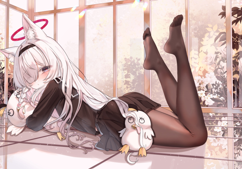 1girl, animal_ears, black_hairband, black_pantyhose, blue_archive, braid, cat_ears, feet