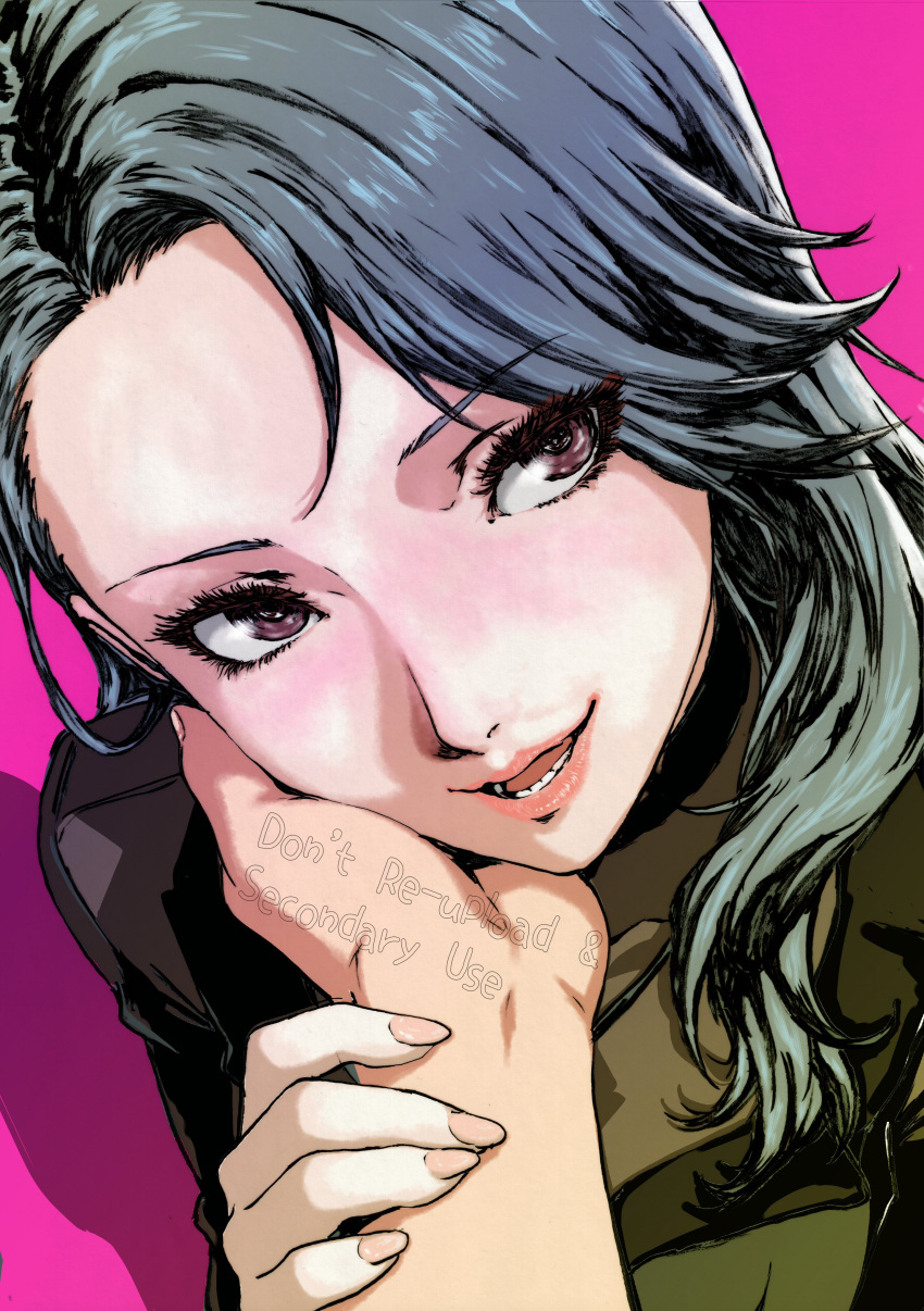 1girl, 1other, absurdres, blush, brown_eyes, eyelashes, grey_hair, hair_over_shoulder, hand_on_another's_arm, hand_on_another's_cheek, hand_on_another's_face, highres, lips, long_hair, looking_at_viewer, mixed-language_commentary, niijima_sae, oeilvert_fft, open_mouth, persona, persona_5, pink_background, pink_lips, pink_nails, pov, pov_hands, upper_body