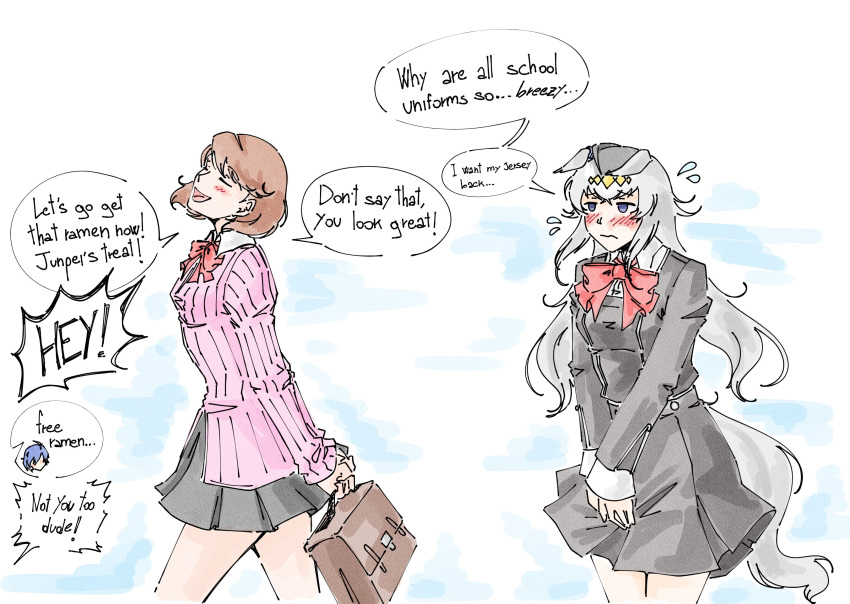 1boy, 2girls, absurdres, ahoge, animal_ears, bag, black_jacket, black_skirt