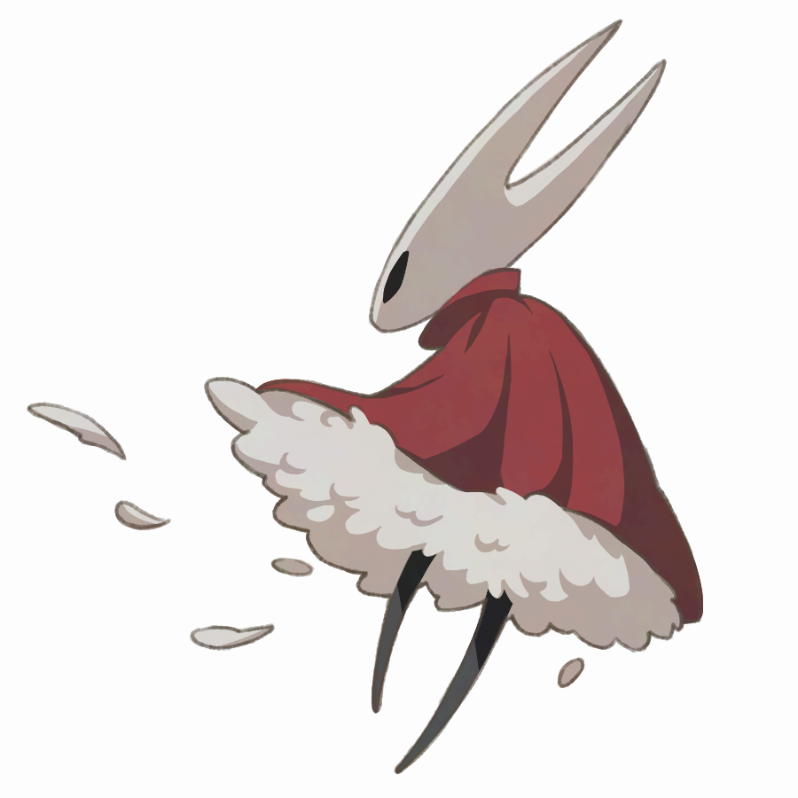 1girl, cloak, feather-trimmed_cloak, feathers, full_body, hollow_eyes, hollow_knight, hollow_knight:_silksong