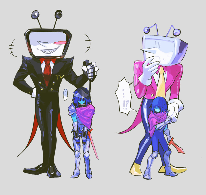 !?, +++, ..., 1boy, 1other, alternate_universe, ant_tenna, armored_boots