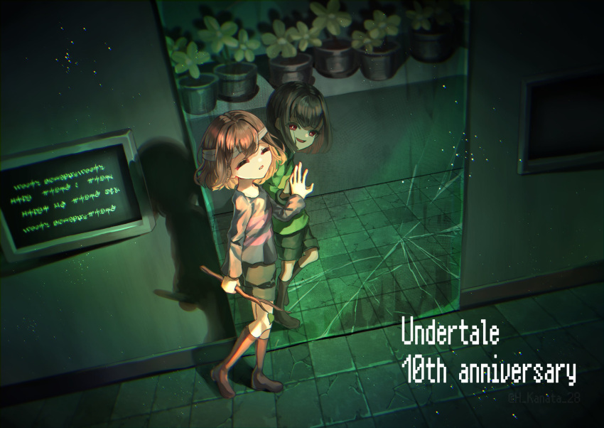 2others, anniversary, bandaged_head, bandages, black_shorts, blue_shirt, broken_mirror, chara_(undertale)