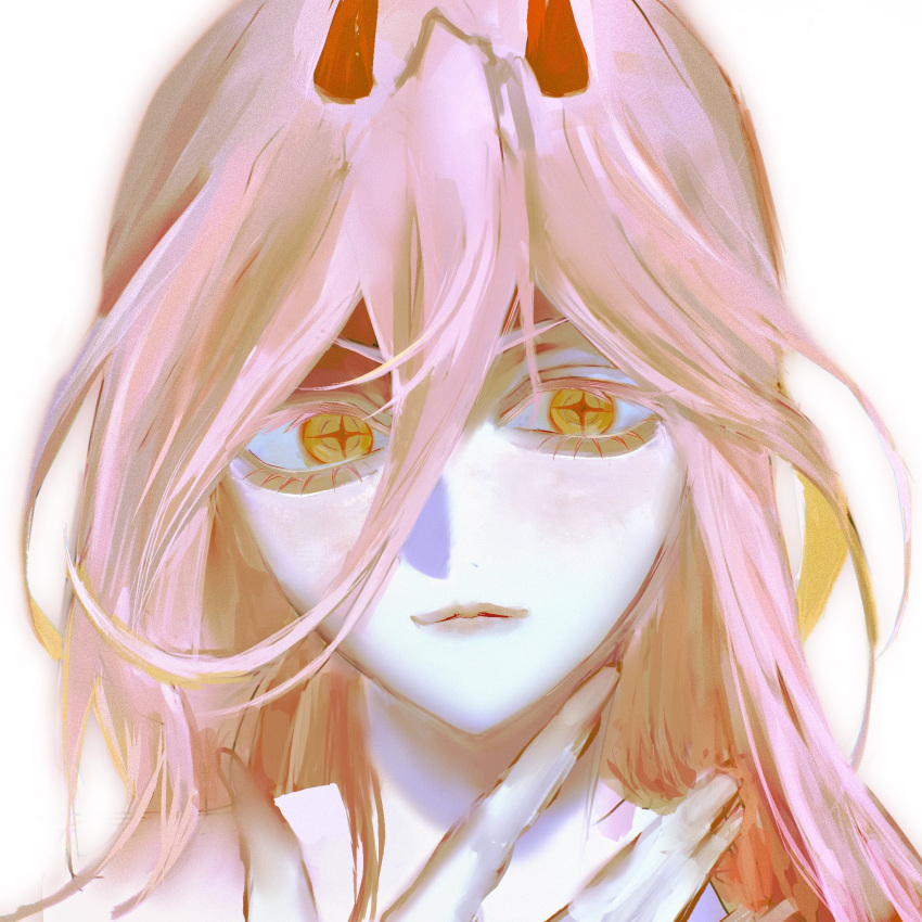 1girl, chainsaw_man, hair_between_eyes, highres, horns, long_hair, looking_at_viewer, muta6ta, pink_hair, power_(chainsaw_man), red_horns, simple_background, solo, white_background