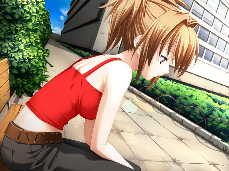 artist_request, belt, bench, brown_eyes, brown_hair, building, bush, bushes, character_request, game_cg, jeans, kakuu_shoujo, looking_down, mizuhara_yuu, outdoors, outside, ponytail, sad, short_hair, sitting, sky, solo, source_request, sunou_yuki, tank_top, yasuyuki
